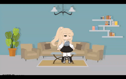 A Girl Is Standing In A Living Room With A Couch And Chairs . GIF
