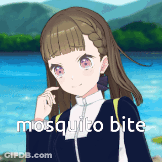 A Girl Is Standing In Front Of A Body Of Water With The Words Mosquito Bite On The Bottom GIF