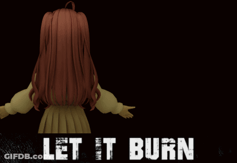 A Girl Is Standing In Front Of A Fire With The Words Let It Burn Written Below Her GIF