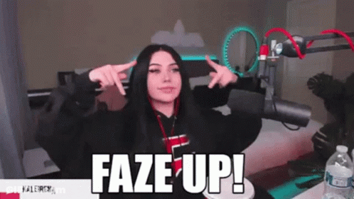 A Girl Is Standing In Front Of A Microphone With The Words Faze Up Written Above Her GIF