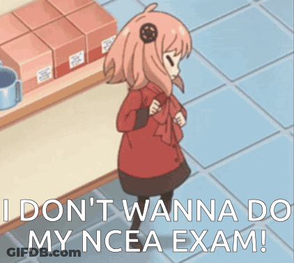 A Girl Is Standing In Front Of A Shelf And Says " I Don 'T Wanna Do My Ncea Exam ! " GIF