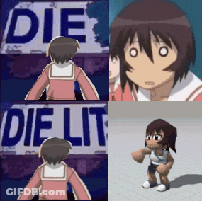 A Girl Is Standing In Front Of A Sign That Says Die GIF