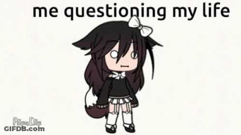A Girl Is Standing In Front Of A White Background With The Words Me Questioning My Life . GIF