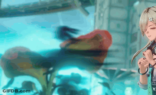 A Girl Is Standing In Front Of An Aquarium With A Reflection Of A Dinosaur In It GIF