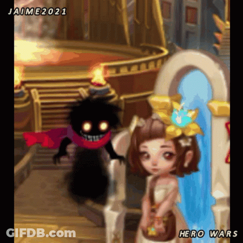 A Girl Is Standing Next To A Monster In A Video Game Called Hero Wars .. GIF