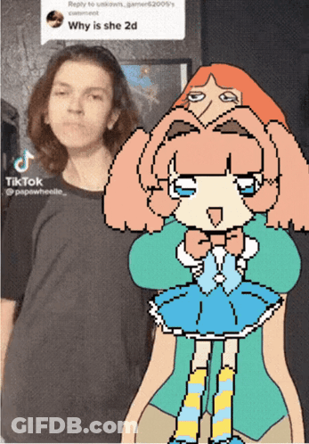 A Girl Is Standing Next To A Pixel Art Of A Girl With The Caption Why Is She 2D GIF