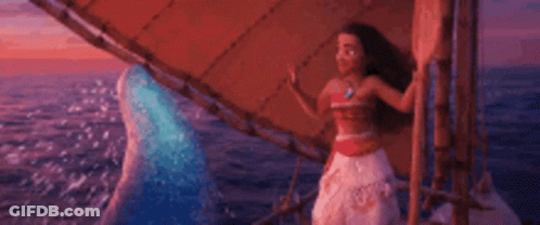 A Girl Is Standing On A Boat In The Ocean Holding A Blue Wave . GIF