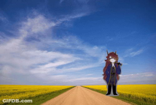 A Girl Is Standing On A Dirt Road In A Field GIF