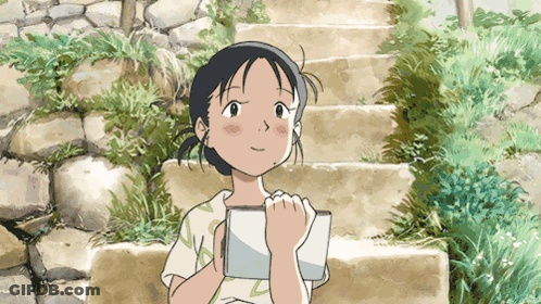 A Girl Is Standing On A Set Of Stone Stairs Holding A Book GIF