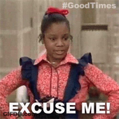 A Girl Is Standing With Her Hands On Her Hips And The Words `` Excuse Me '' Written On The Bottom . GIF