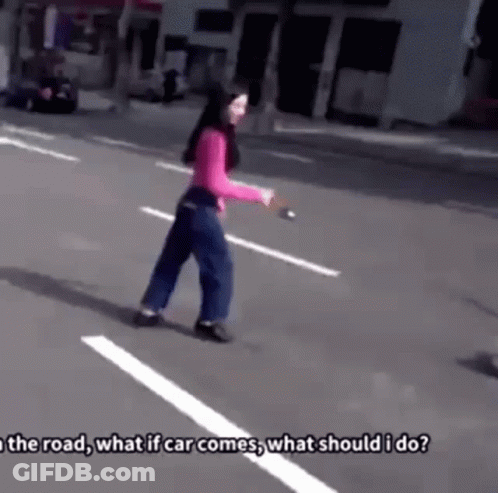 A Girl Is Walking Down A Street Holding A Stick And Asking What Should I Do . GIF
