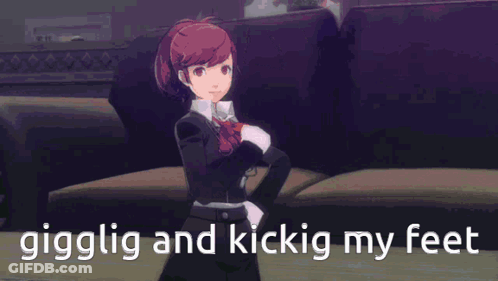 A Girl Is Walking On The Ground With The Words `` Gigglig And Kickig My Feet '' Written On The Bottom . GIF