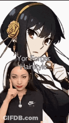 A Girl Is Wearing A Nike Shirt And Giving A Thumbs Up In Front Of A Picture Of Yor Forger GIF