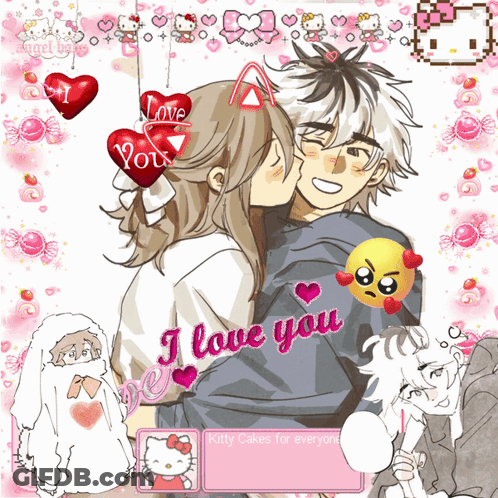 A Girl Kissing A Boy On The Cheek With The Words I Love You On The Bottom GIF