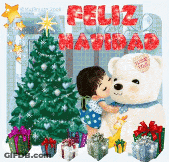 A Girl Kissing A Teddy Bear In Front Of A Christmas Tree With Feliz Navidad Written In Red GIF