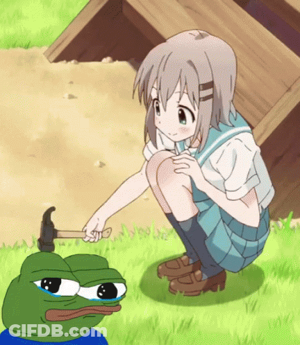 A Girl Kneeling Down Next To A Frog With A Hammer On Its Head GIF