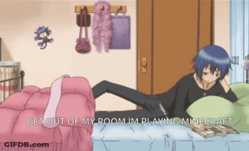A Girl Laying On A Bed With The Words Get Out Of My Room Im Playing Minecraft On The Bottom GIF