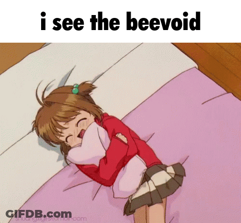 A Girl Laying On A Bed With The Words " I See The Beevoid " Below Her GIF
