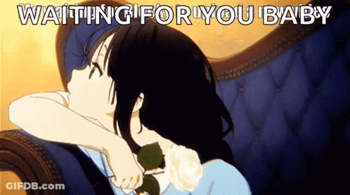 A Girl Laying On A Couch With The Words Waiting For You Baby GIF