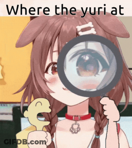 A Girl Looking Through A Magnifying Glass With The Words Where The Yuri At On The Bottom GIF