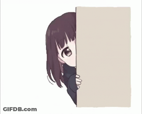 A Girl Peeking Out From Behind A Wall With The Word Hi On It GIF