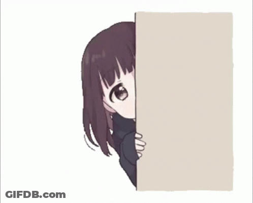 A Girl Peeking Out From Behind A Wall With The Word Hi On It GIF
