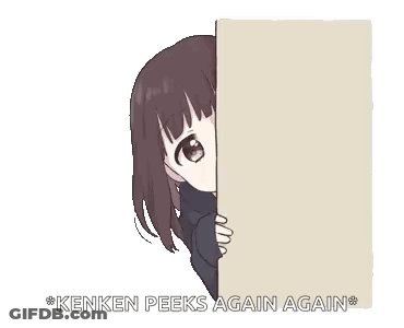 A Girl Peeking Out From Behind A Wall With The Words " Kenken Peeks Again Again " Written On The Bottom GIF