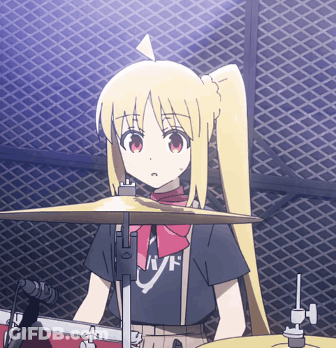 A Girl Playing Drums Wearing A Black Shirt That Says Band GIF