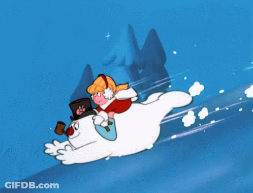 A Girl Riding On The Back Of A Snowman In A Cartoon GIF
