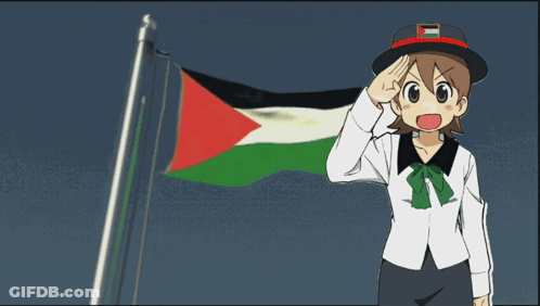 A Girl Salutes In Front Of A Flag With A Red Triangle On It GIF