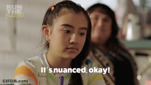 A Girl Says It 'S Nuanced Okay In Front Of A Run The Burbe Logo GIF
