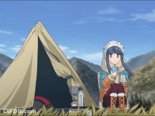 A Girl Sits In Front Of A Tent Holding A Cup Of Coffee GIF