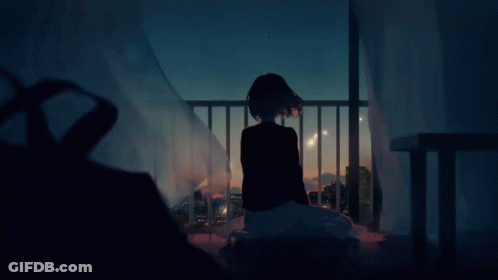 A Girl Sits On A Balcony Looking Out At The Night Sky GIF