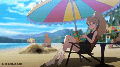 A Girl Sits Under An Umbrella Reading A Book GIF