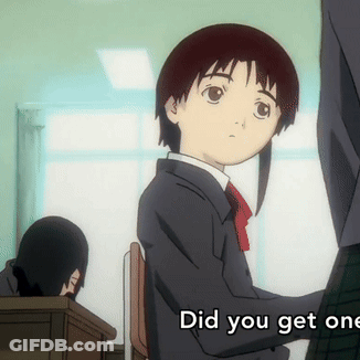 A Girl Sitting At A Desk With The Words " Did You Get One " On The Bottom GIF