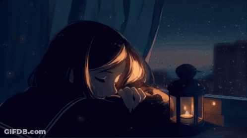A Girl Sitting In Front Of A Lantern With A Candle Inside GIF