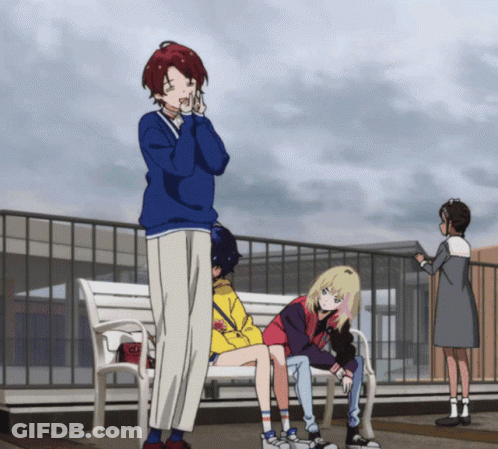A Girl Sitting On A Bench With A Cup That Says ' Iced Tea ' On It GIF