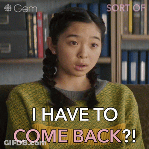 A Girl Sitting On A Couch With The Words " I Have To Come Back " On Her Shirt GIF