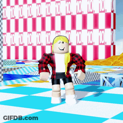 A Girl Standing In Front Of A Checkered Wall That Says 10 GIF