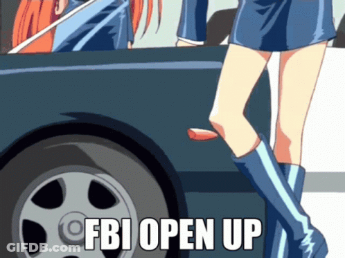 A Girl Standing Next To A Car With The Words Fbi Open Up On The Bottom GIF