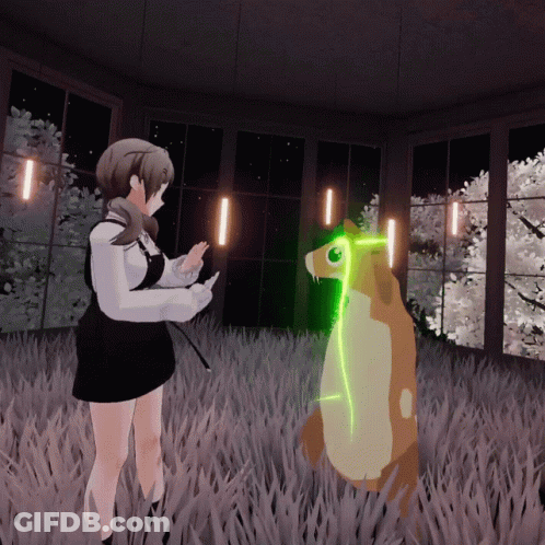 A Girl Standing Next To A Dog With A Green Light Coming Out Of Its Mouth GIF