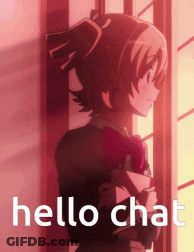 A Girl Standing Next To A Window With The Words Hello Chat Below Her GIF