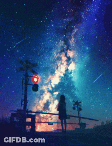 A Girl Stands In Front Of A Railroad Crossing With A Starry Sky In The Background GIF