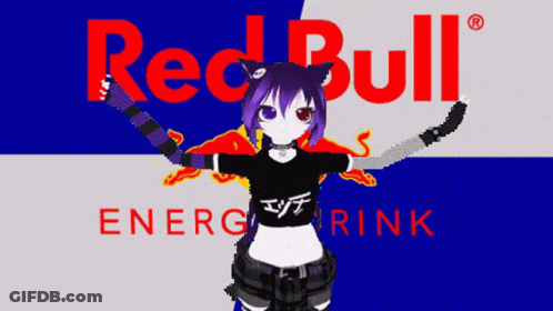 A Girl Stands In Front Of A Red Bull Energy Drink Advertisement GIF