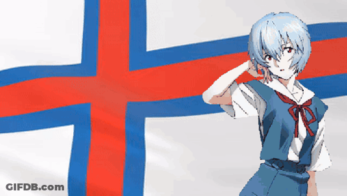 A Girl Stands In Front Of A Red White And Blue Cross GIF