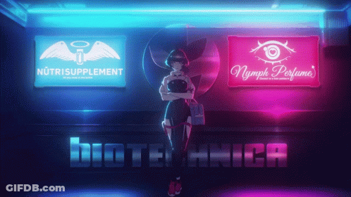 A Girl Stands In Front Of A Sign That Says Nutri Supplement GIF
