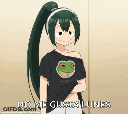 A Girl Wearing A Black Shirt With A Frog On It And The Words No Me Gusta Lunes GIF