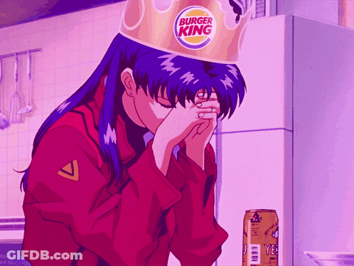 A Girl Wearing A Burger King Crown Covering Her Face With Her Hands GIF