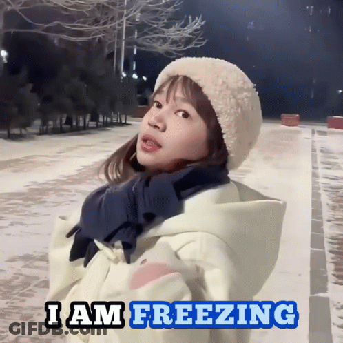 A Girl Wearing A Hat And Scarf Is Standing In The Snow With The Words I Am Freezing Below Her GIF