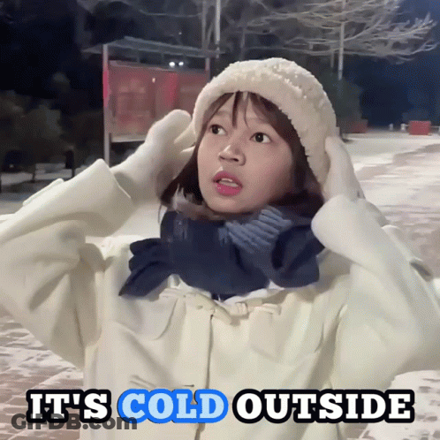 A Girl Wearing A Hat And Scarf With The Words " It 'S Cold Outside " Below Her GIF